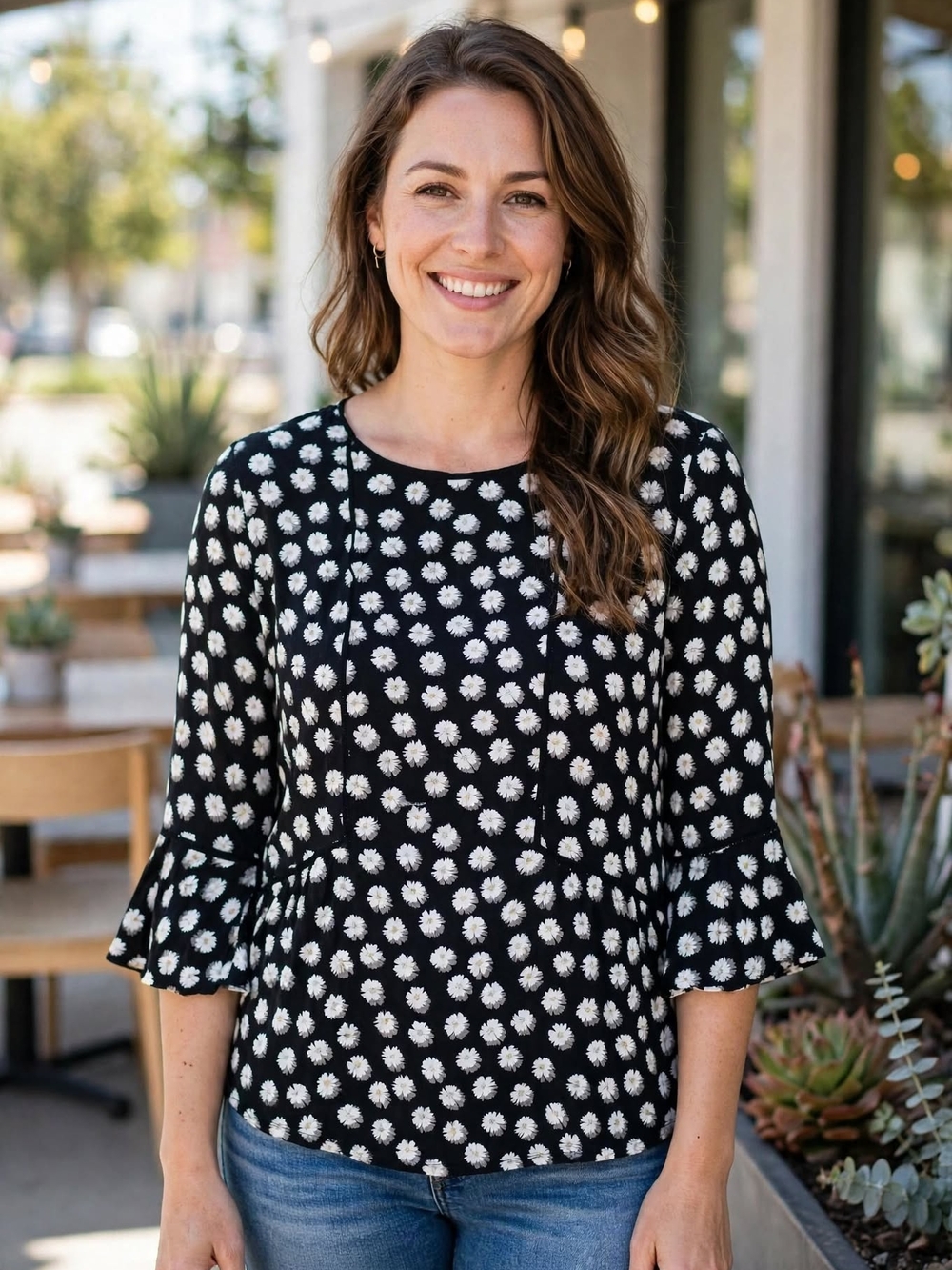 Source Unknown Black Top with White Floral Dot Pattern and Ruffle Sleeves